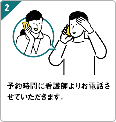 予約時間に看護師よりお電話させていただきます。